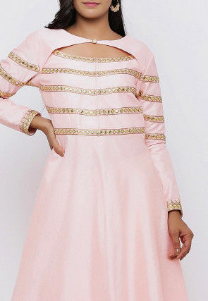 Embroidered Dupion Silk Flared Gown in Peach