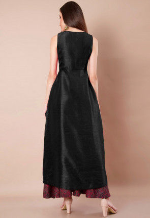 Embroidered Dupion Silk Front Slitted A Line Kurta in Black