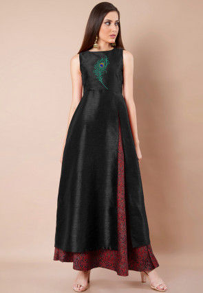 Embroidered Dupion Silk Front Slitted A Line Kurta in Black