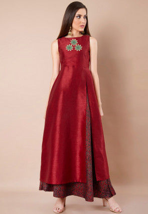 Embroidered Dupion Silk Front Slitted A Line Kurta in Maroon