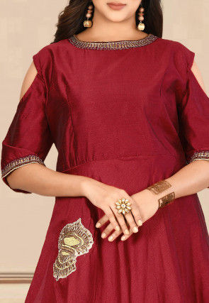 Embroidered Dupion Silk Gown in Maroon