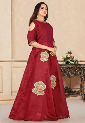 Embroidered Dupion Silk Gown in Maroon