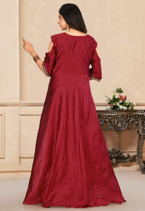 Embroidered Dupion Silk Gown in Maroon