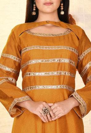 Embroidered Dupion Silk Gown in Mustard