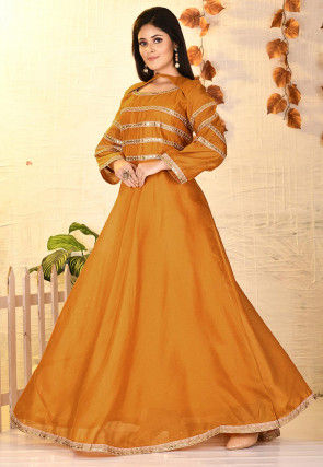Embroidered Dupion Silk Gown in Mustard