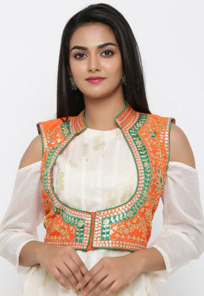 Embroidered Dupion Silk Jacket in Orange