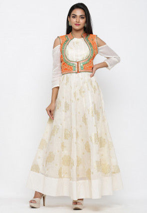 Embroidered Dupion Silk Jacket in Orange