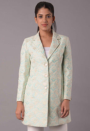 Embroidered Dupion Silk Jacket in Sea Green