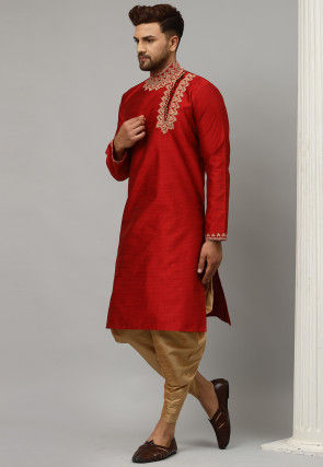 Embroidered Dupion Silk Jacquard Dhoti Kurta in Red