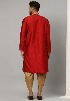 Embroidered Dupion Silk Jacquard Dhoti Kurta in Red