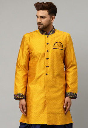Embroidered Dupion Silk Jacquard Kurta in Mustard
