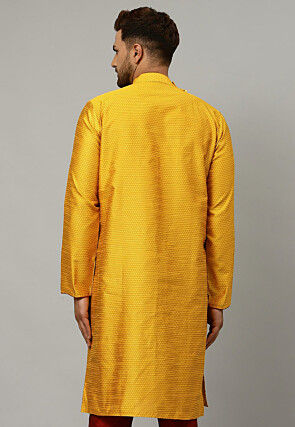 Embroidered Dupion Silk Jacquard Kurta in Mustard