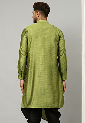 Embroidered Dupion Silk Jacquard Kurta in Olive Green