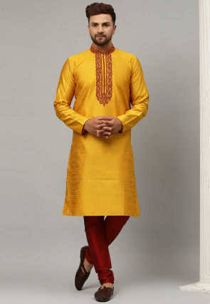 Embroidered Dupion Silk Jacquard Kurta Set in Mustard
