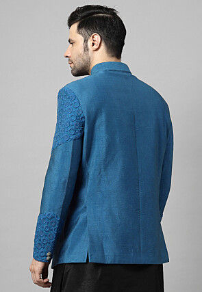 Embroidered Dupion Silk Jodhpuri Jacket in Blue