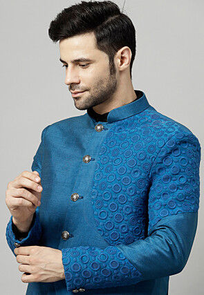 Embroidered Dupion Silk Jodhpuri Jacket in Blue