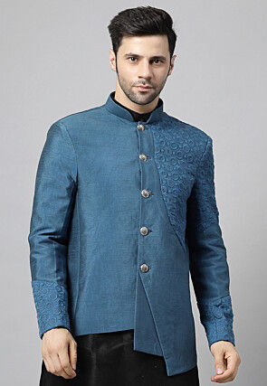 Embroidered Dupion Silk Jodhpuri Jacket in Dusty Blue