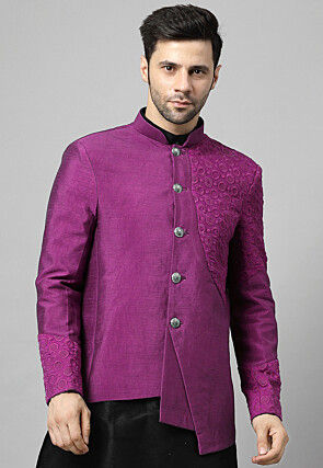 Embroidered Dupion Silk Jodhpuri Jacket in Magenta