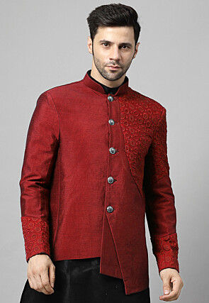 Embroidered Dupion Silk Jodhpuri Jacket in Maroon