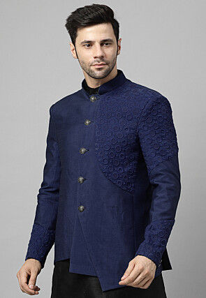 Embroidered Dupion Silk Jodhpuri Jacket in Navy Blue
