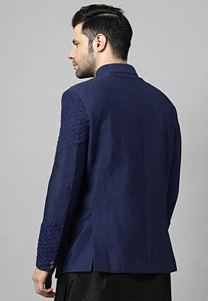 Embroidered Dupion Silk Jodhpuri Jacket in Navy Blue