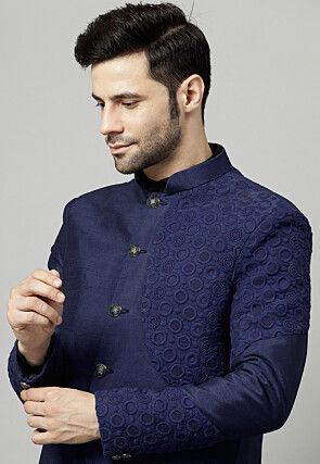 Embroidered Dupion Silk Jodhpuri Jacket in Navy Blue
