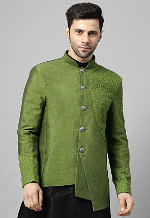 Embroidered Dupion Silk Jodhpuri Jacket in Olive Green
