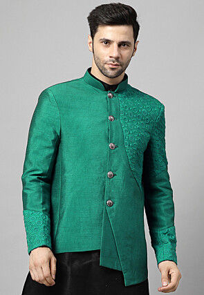 Embroidered Dupion Silk Jodhpuri Jacket in Teal Green