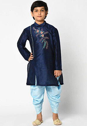 Embroidered Dupion Silk Kurta Dhoti Set in Navy Blue
