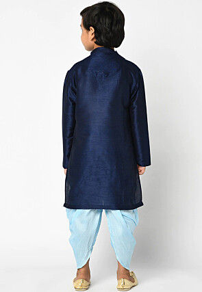 Embroidered Dupion Silk Kurta Dhoti Set in Navy Blue