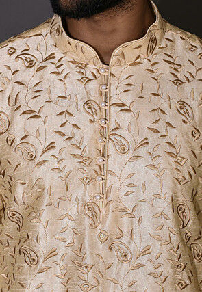 Embroidered Dupion Silk Kurta in Beige