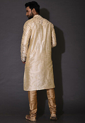Embroidered Dupion Silk Kurta in Beige