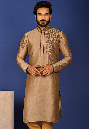 Embroidered Dupion Silk Kurta in Beige