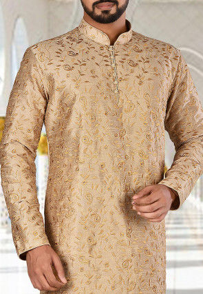 Embroidered Dupion Silk Kurta in Beige