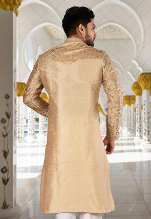 Embroidered Dupion Silk Kurta in Beige