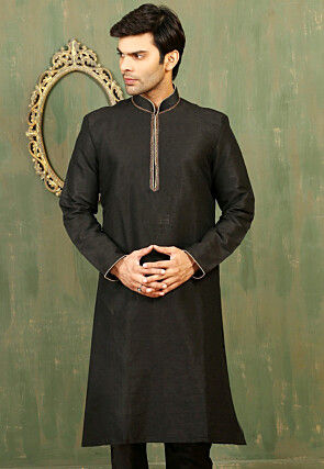 Embroidered Dupion Silk Kurta in Black
