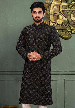 Embroidered Dupion Silk Kurta in Black