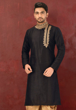 Embroidered Dupion Silk Kurta in Black