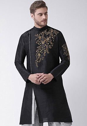 Embroidered Dupion Silk Kurta in Black