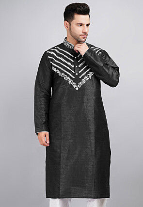 Embroidered Dupion Silk Kurta in Black