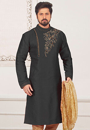 Embroidered Dupion Silk Kurta in Black