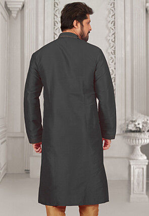 Embroidered Dupion Silk Kurta in Black
