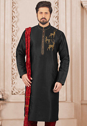 Embroidered Dupion Silk Kurta in Black