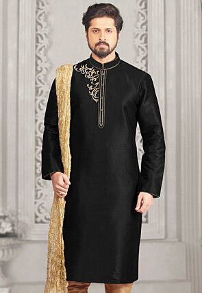 Embroidered Dupion Silk Kurta in Black