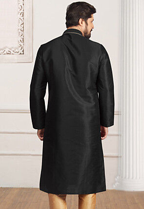Embroidered Dupion Silk Kurta in Black