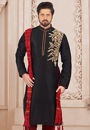 Embroidered Dupion Silk Kurta in Black