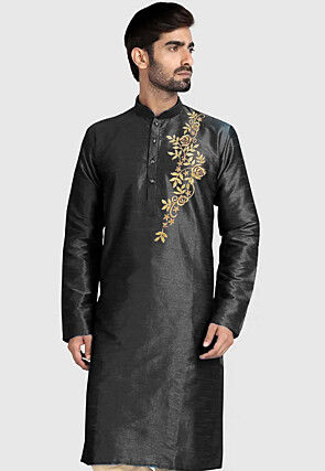 Embroidered Dupion Silk Kurta in Black