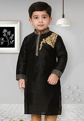 Embroidered Dupion Silk Kurta in Black
