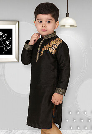 Embroidered Dupion Silk Kurta in Black