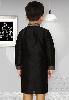 Embroidered Dupion Silk Kurta in Black